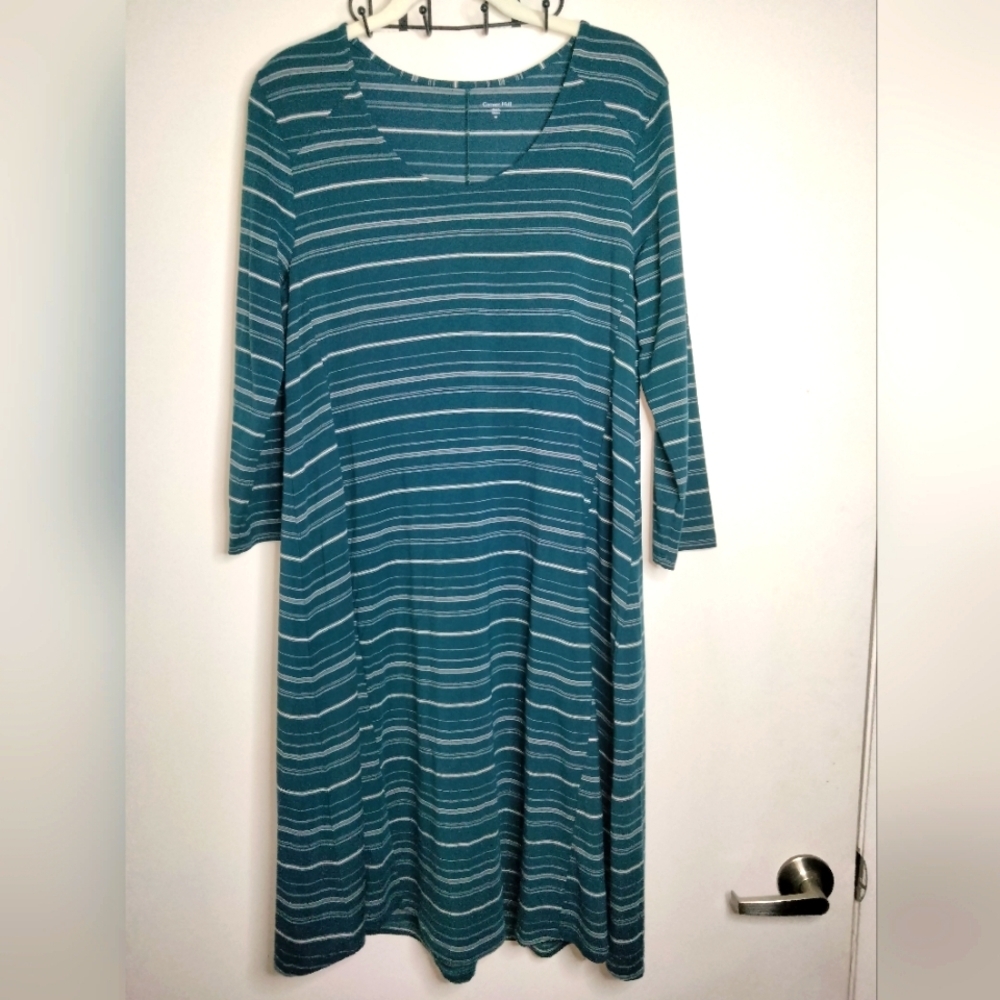 Garnet Hill (Size M) Teal Stripe Pattern Stretch Trapeze Half Sleeve Shift Dress